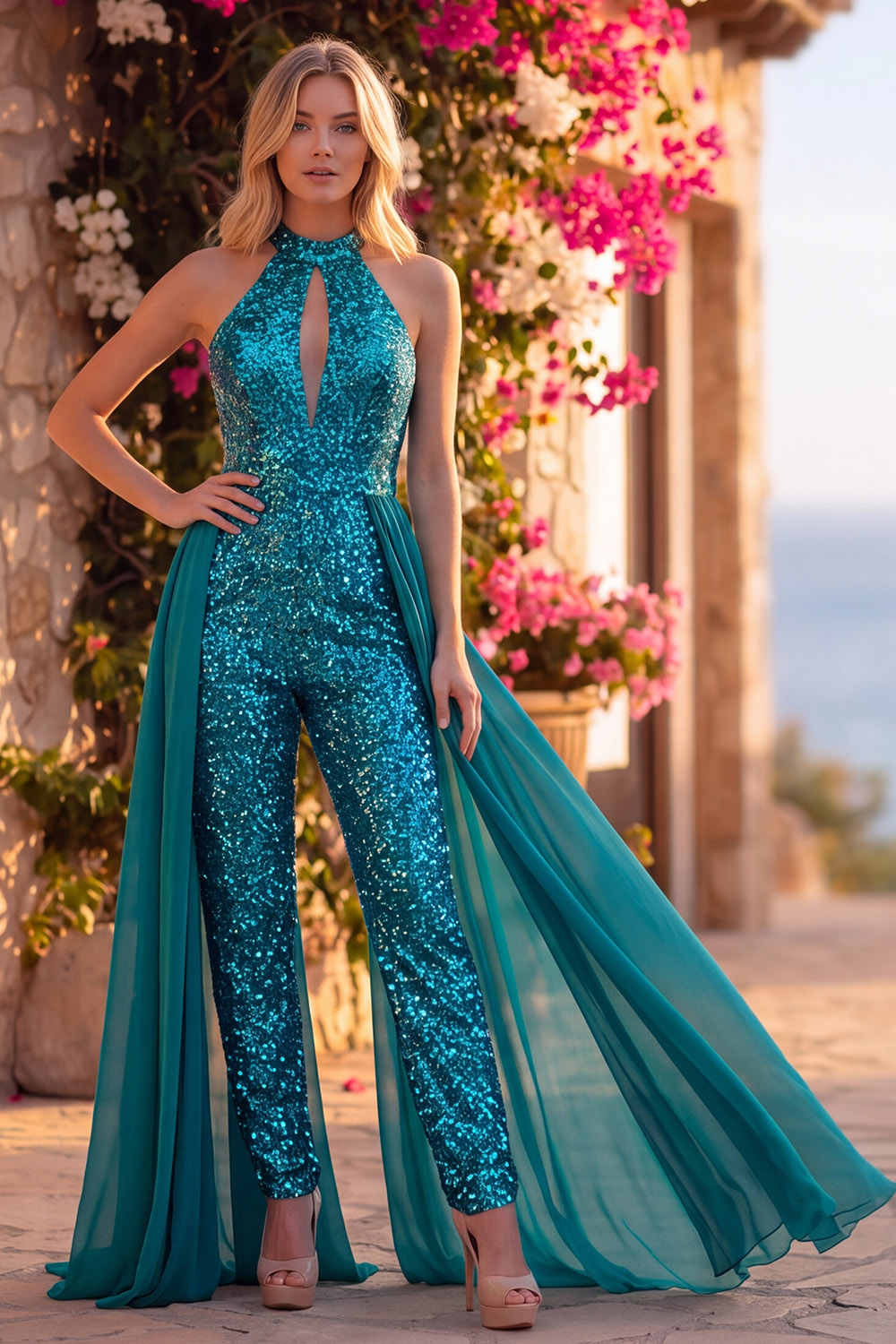 Royal Blue Sparkly Sequin Halter Keyhole Long Homecoming Jumpsuits