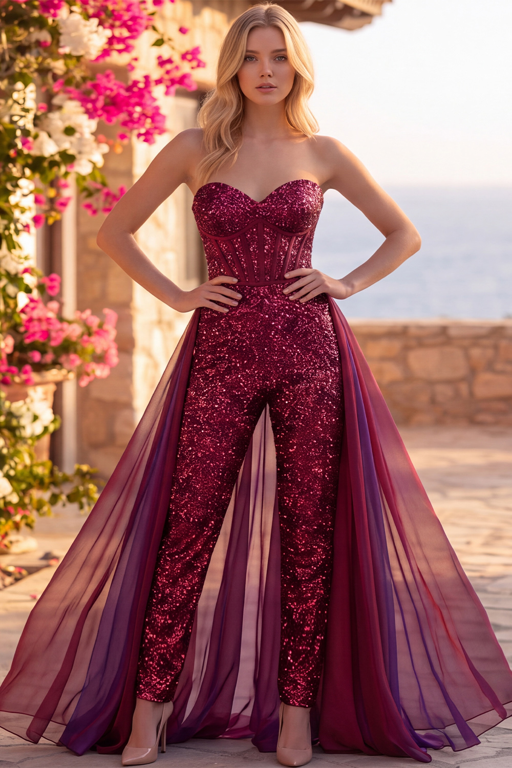 Royal Blue Sparkly Corset Sequin Long Homecoming Jumpsuits with Cape