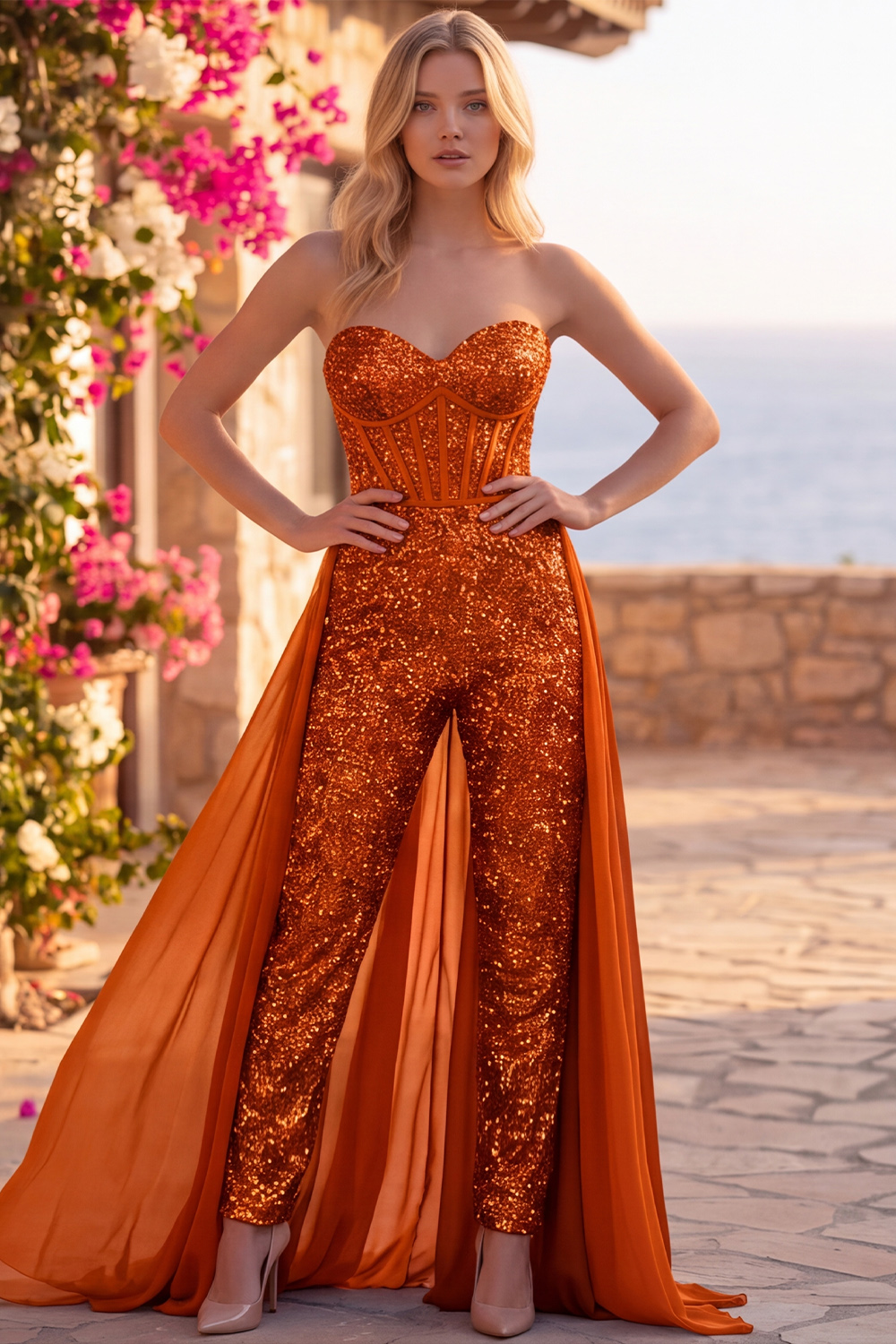 Royal Blue Sparkly Corset Sequin Long Homecoming Jumpsuits with Cape