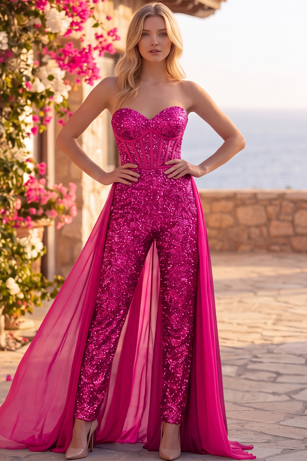 Royal Blue Sparkly Corset Sequin Long Homecoming Jumpsuits with Cape