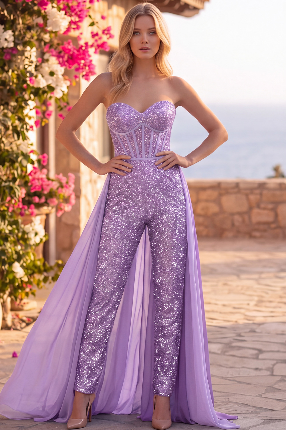 Royal Blue Sparkly Corset Sequin Long Homecoming Jumpsuits with Cape