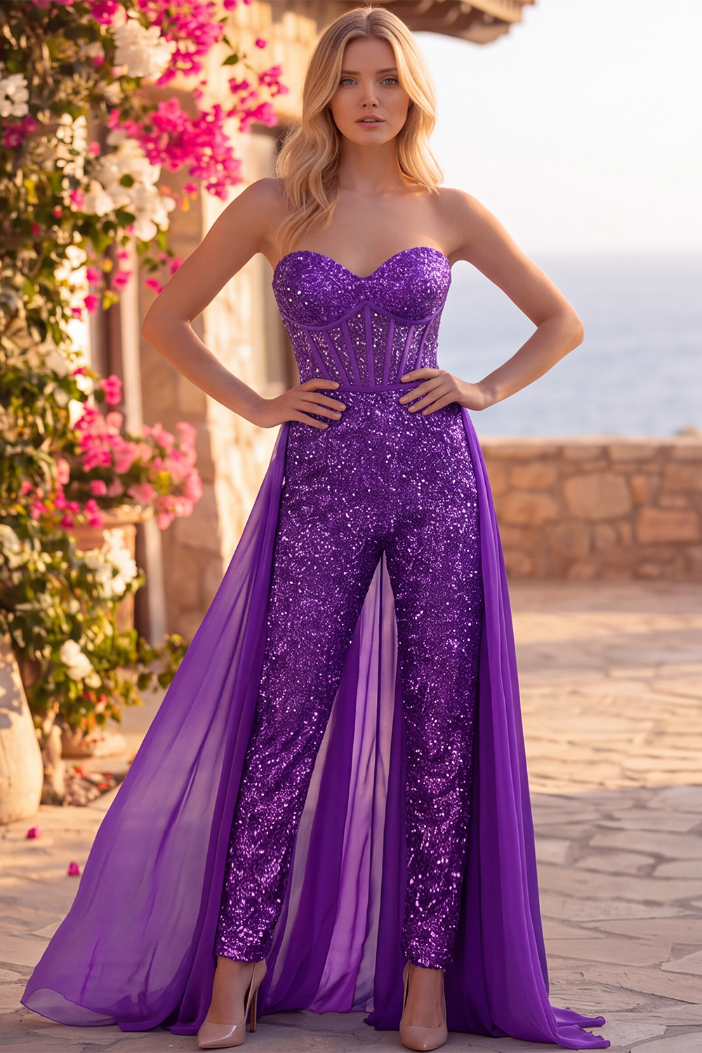 Royal Blue Sparkly Corset Sequin Long Homecoming Jumpsuits with Cape