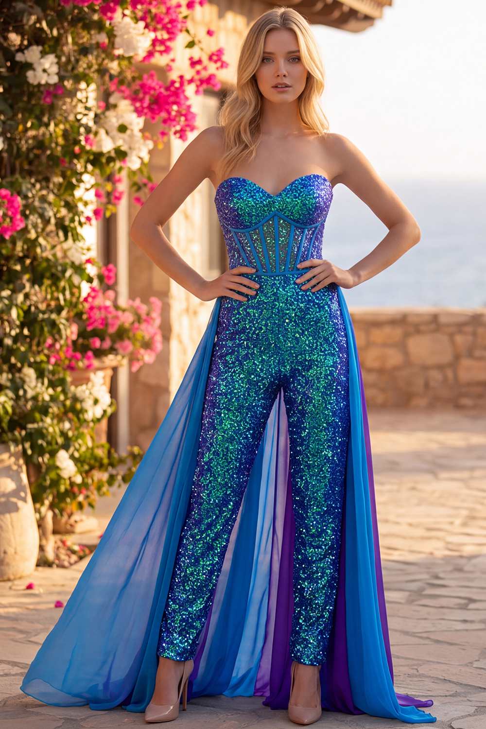 Royal Blue Sparkly Corset Sequin Long Homecoming Jumpsuits with Cape