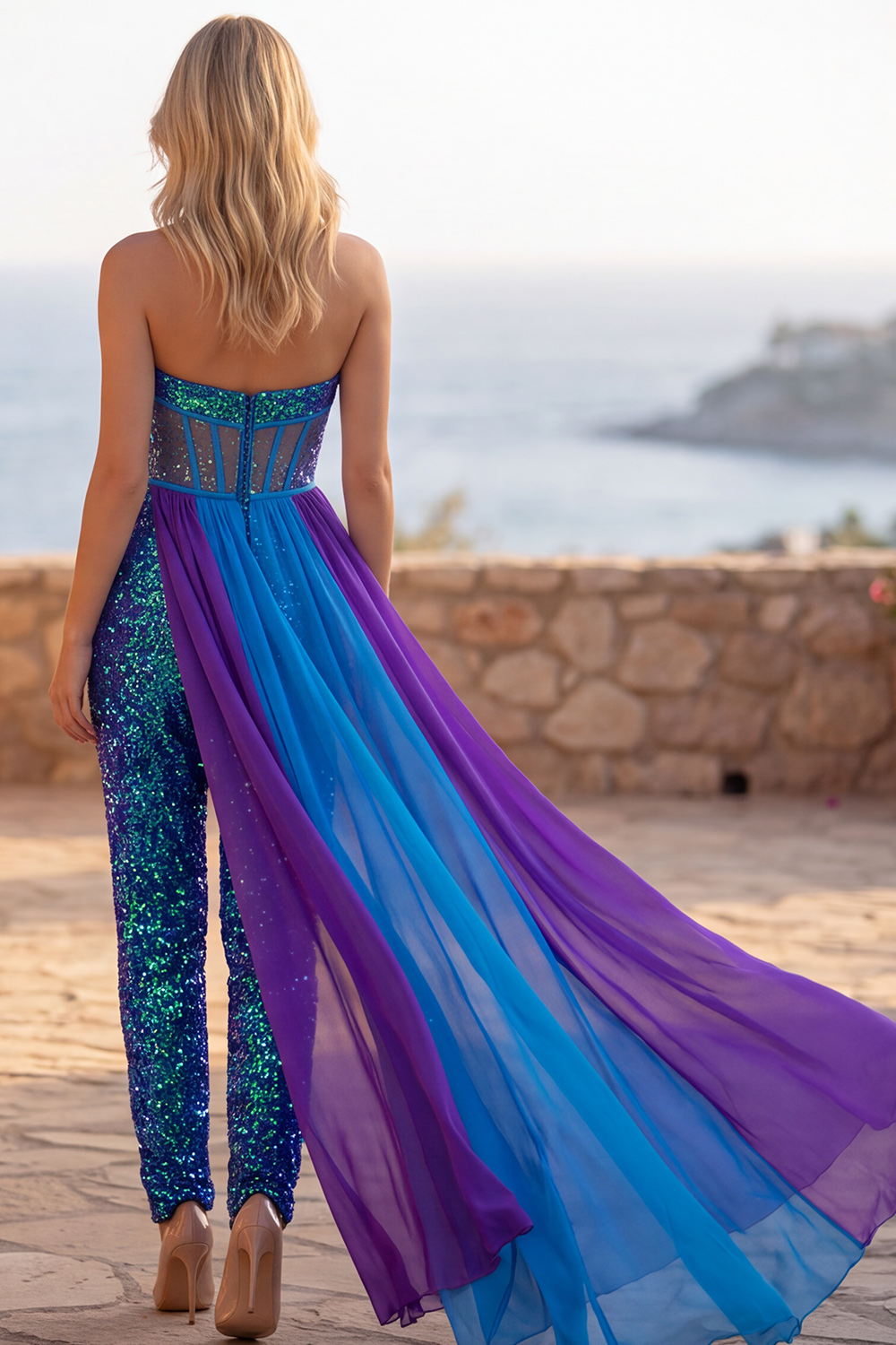 Royal Blue Sparkly Corset Sequin Long Homecoming Jumpsuits with Cape