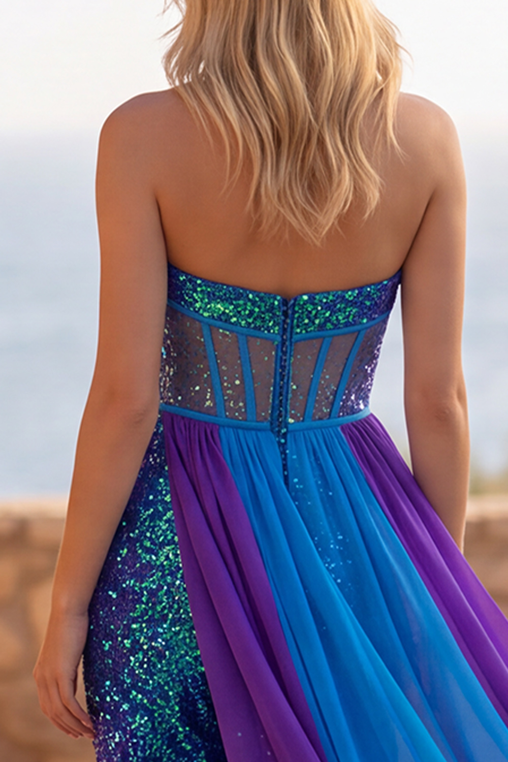 Royal Blue Sparkly Corset Sequin Long Homecoming Jumpsuits with Cape
