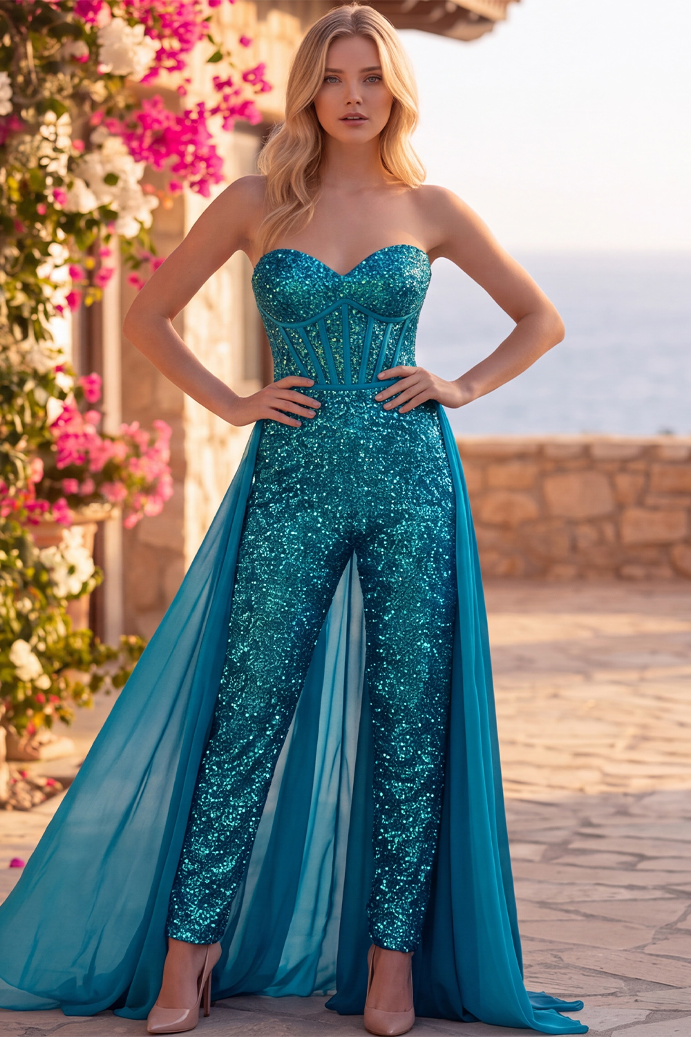 Royal Blue Sparkly Corset Sequin Long Homecoming Jumpsuits with Cape