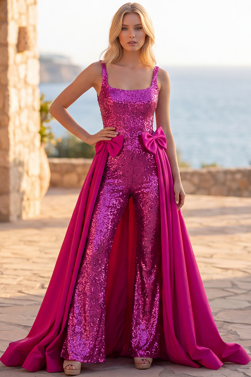 Sparkly Sequins Square Neck Long Fuchsia Homecoming Jumpsuits with Cape