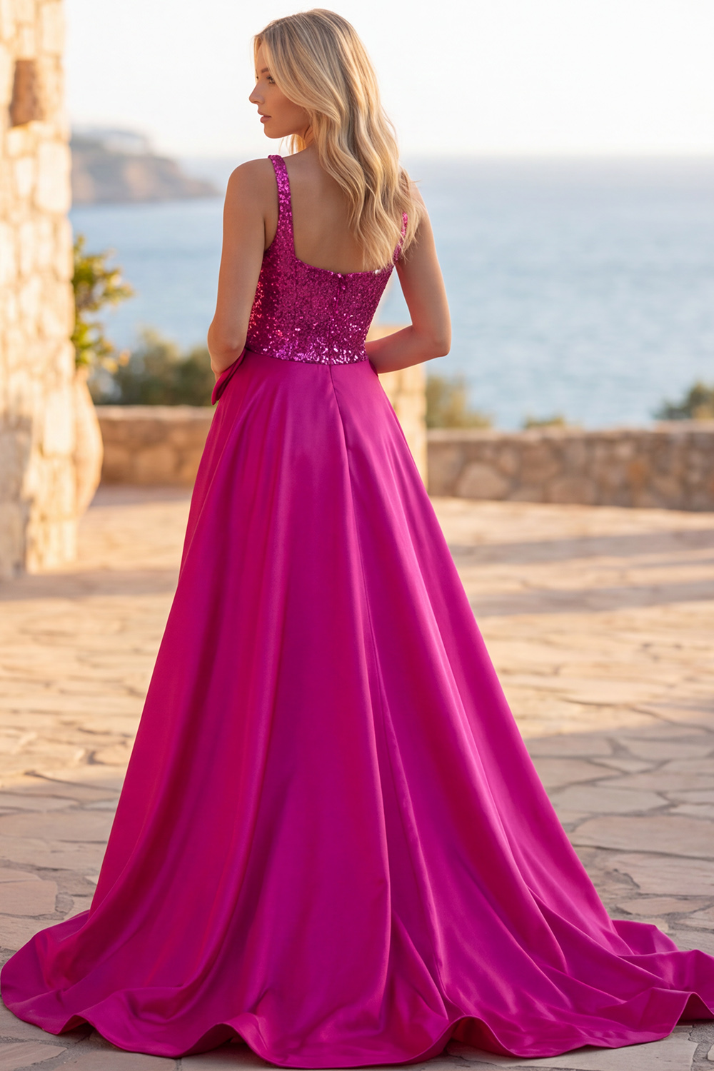 Sparkly Sequins Square Neck Long Fuchsia Homecoming Jumpsuits with Cape
