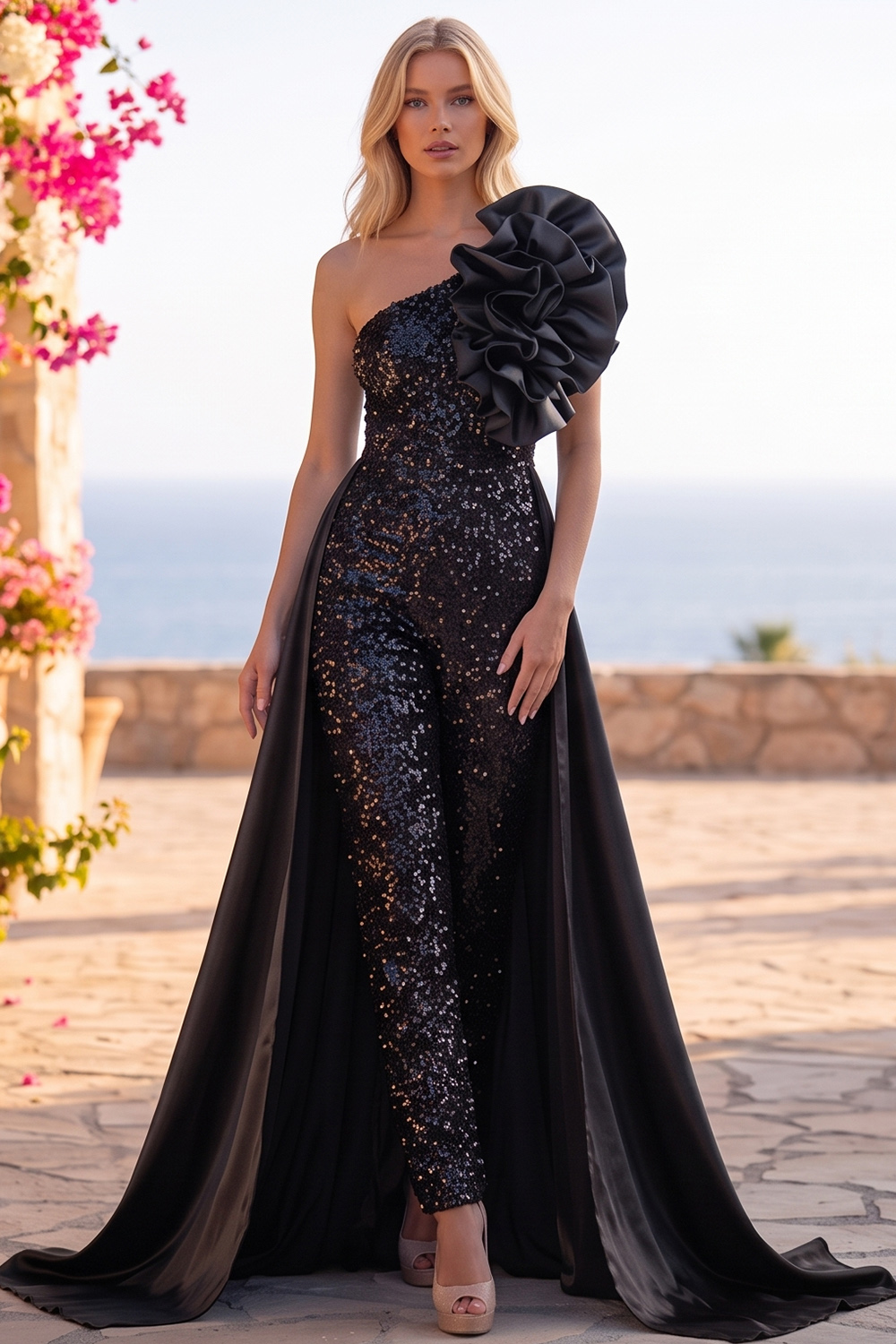 Blue Sparkly Sequins One Shoulder Long Homecoming Jumpsuits with Ruffles