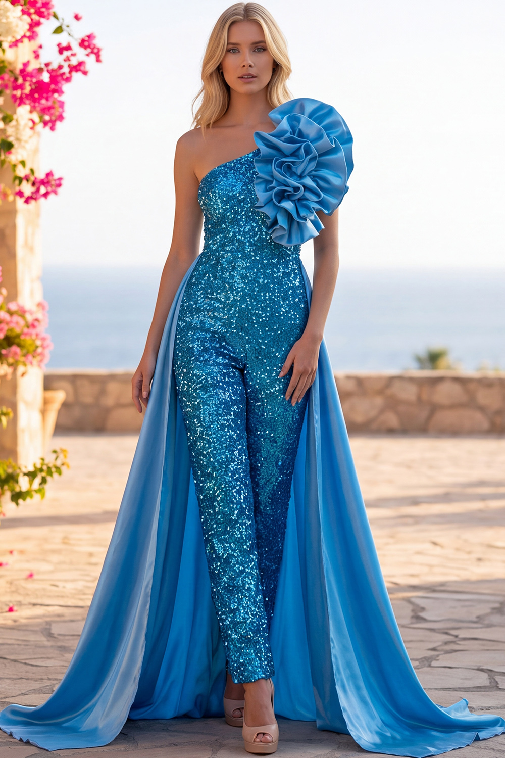 Blue Sparkly Sequins One Shoulder Long Homecoming Jumpsuits with Ruffles