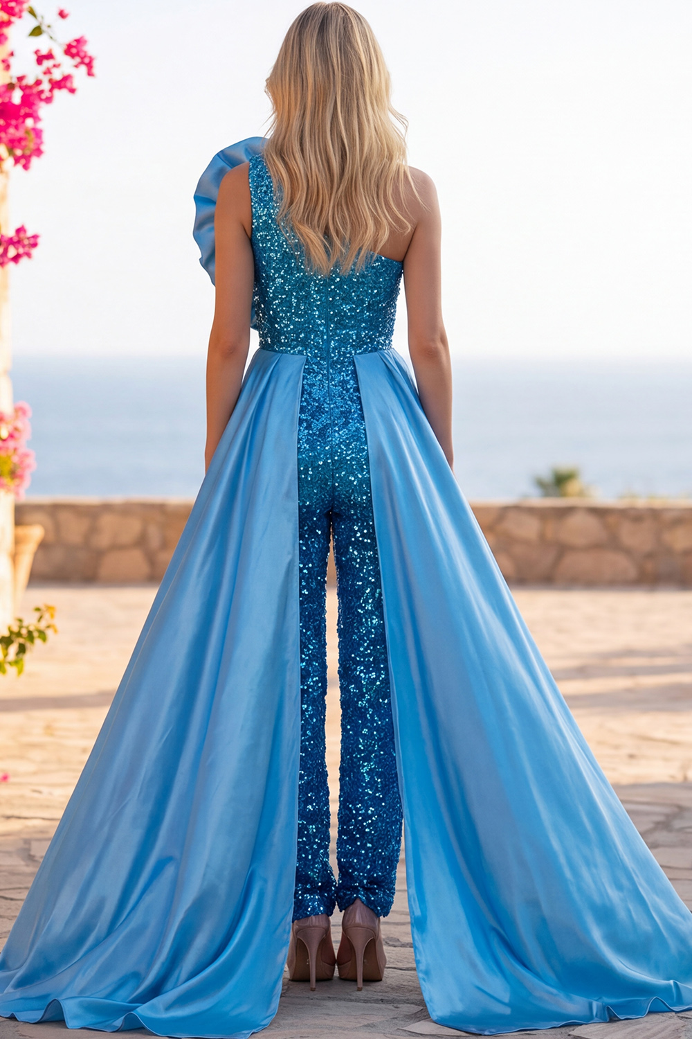 Blue Sparkly Sequins One Shoulder Long Homecoming Jumpsuits with Ruffles