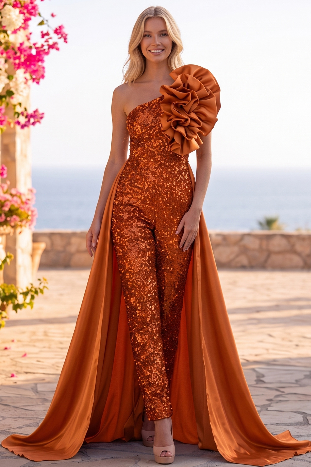 Blue Sparkly Sequins One Shoulder Long Homecoming Jumpsuits with Ruffles