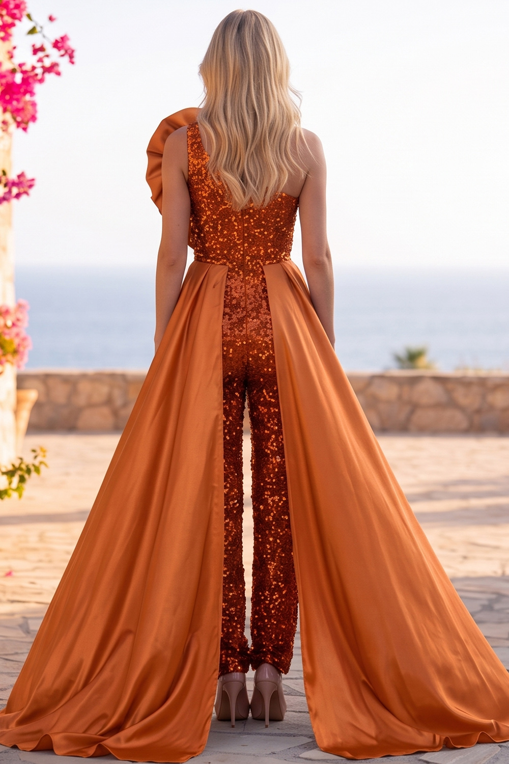 Blue Sparkly Sequins One Shoulder Long Homecoming Jumpsuits with Ruffles