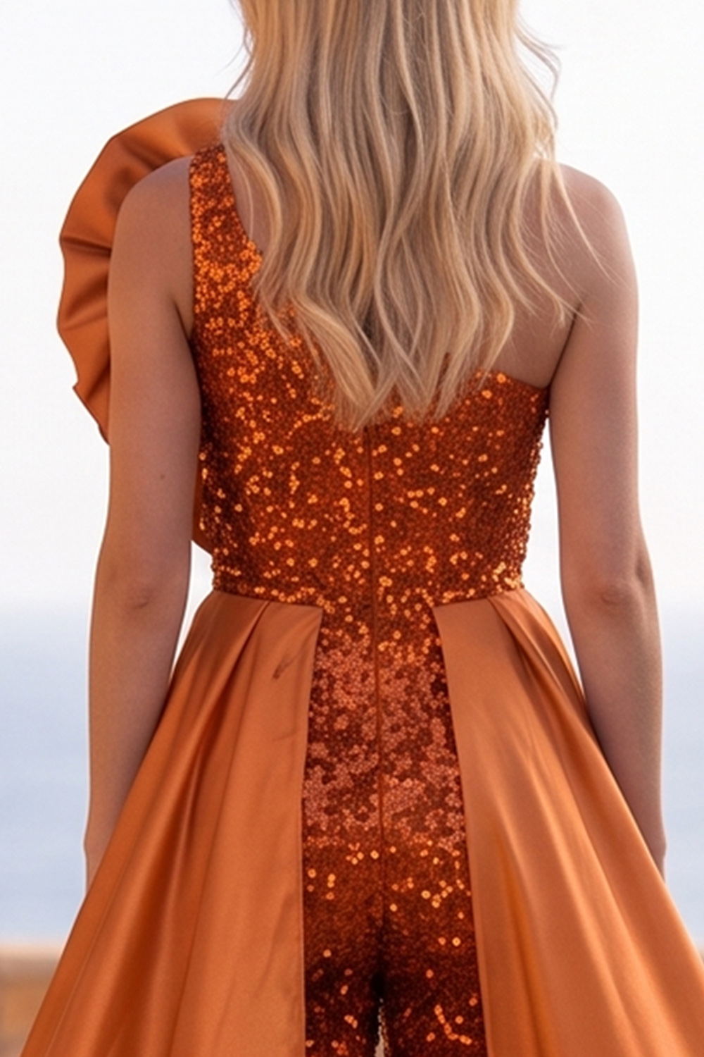 Blue Sparkly Sequins One Shoulder Long Homecoming Jumpsuits with Ruffles