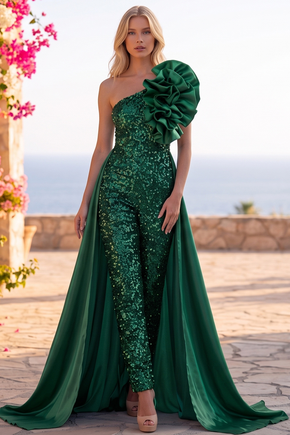 Blue Sparkly Sequins One Shoulder Long Homecoming Jumpsuits with Ruffles