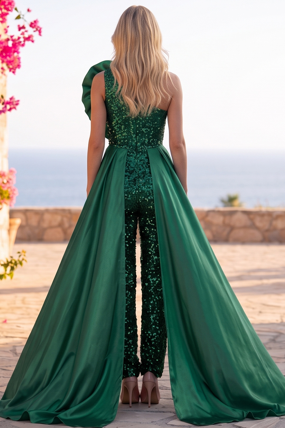 Blue Sparkly Sequins One Shoulder Long Homecoming Jumpsuits with Ruffles