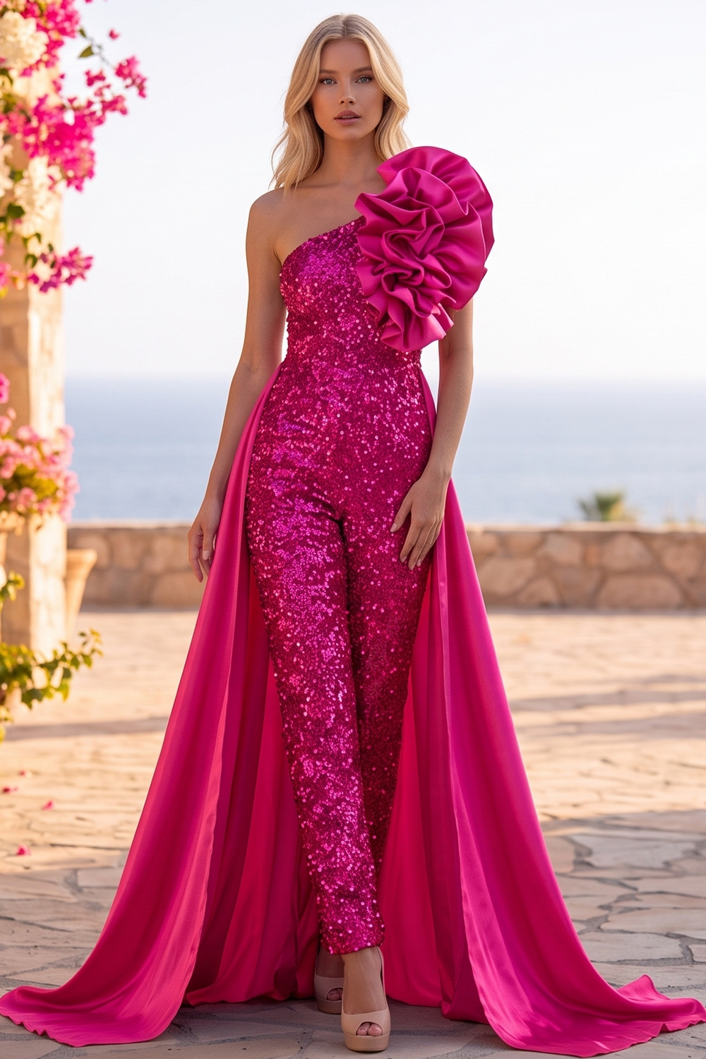 Blue Sparkly Sequins One Shoulder Long Homecoming Jumpsuits with Ruffles