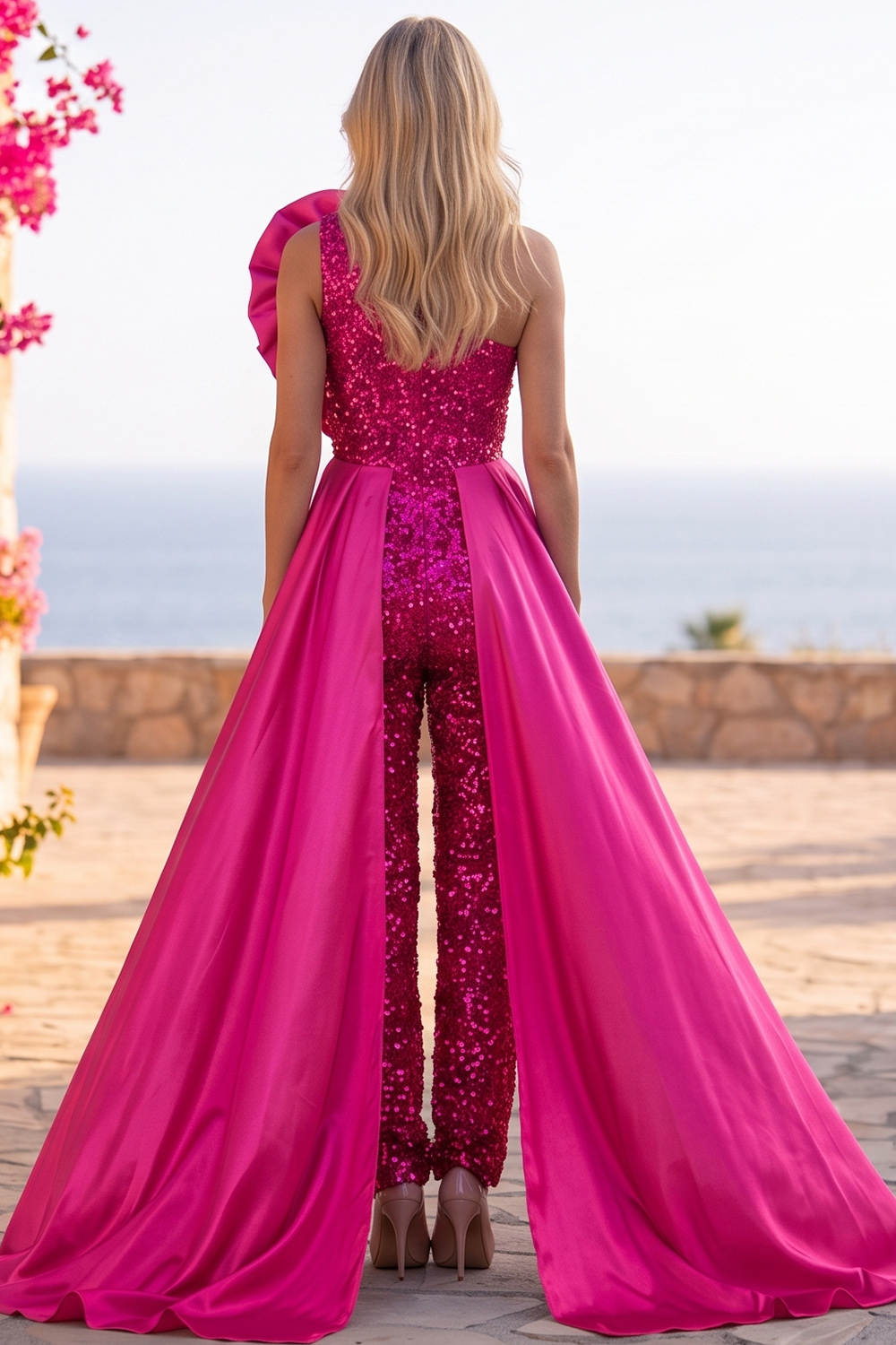 Blue Sparkly Sequins One Shoulder Long Homecoming Jumpsuits with Ruffles