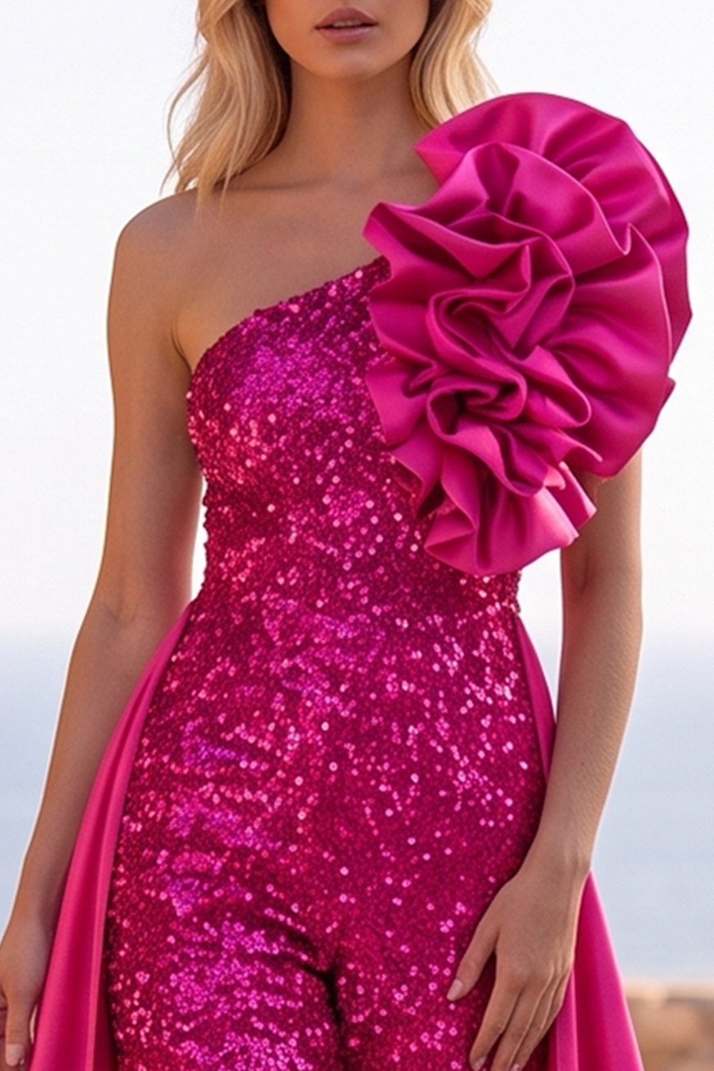 Blue Sparkly Sequins One Shoulder Long Homecoming Jumpsuits with Ruffles
