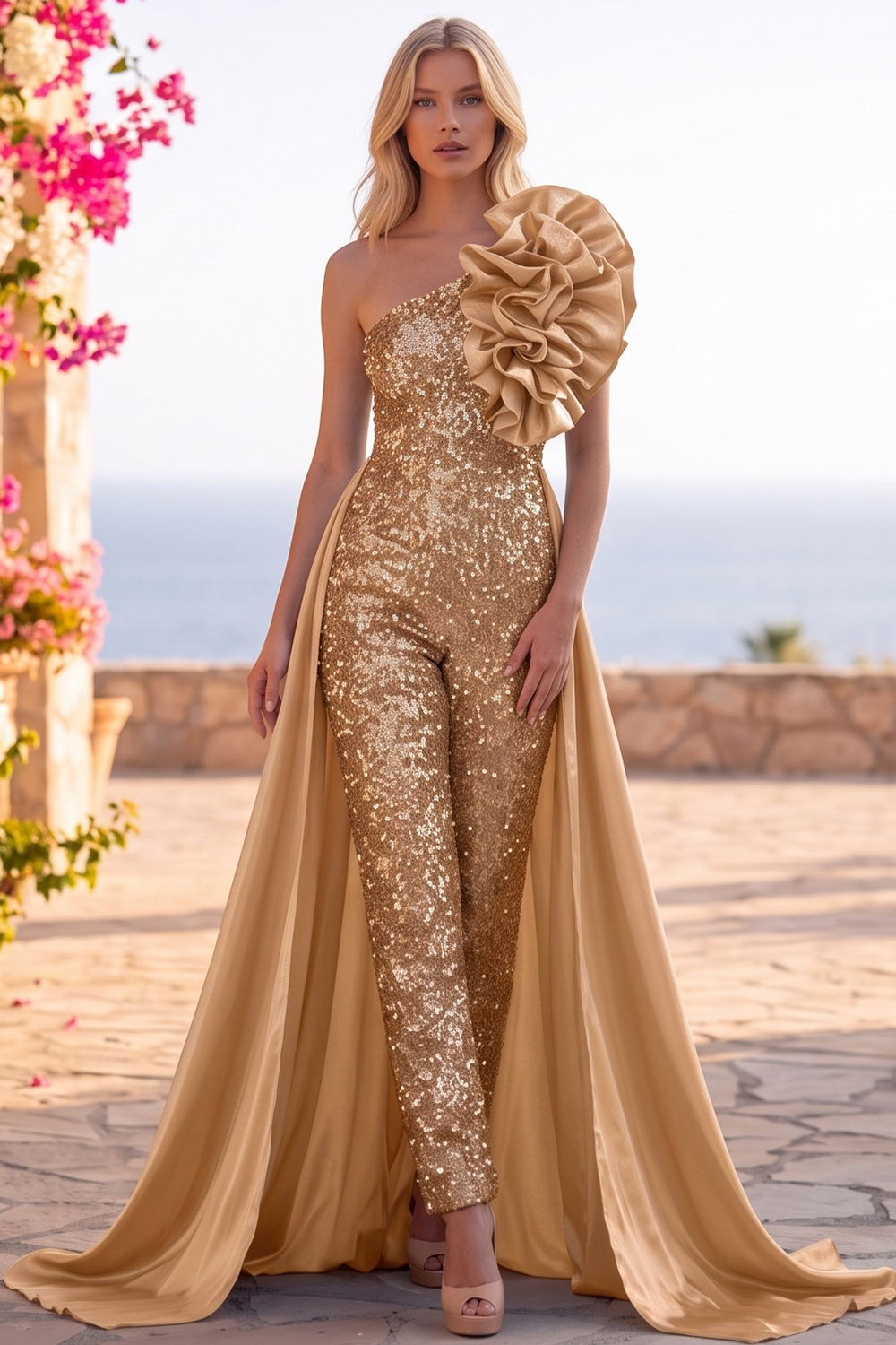 Blue Sparkly Sequins One Shoulder Long Homecoming Jumpsuits with Ruffles