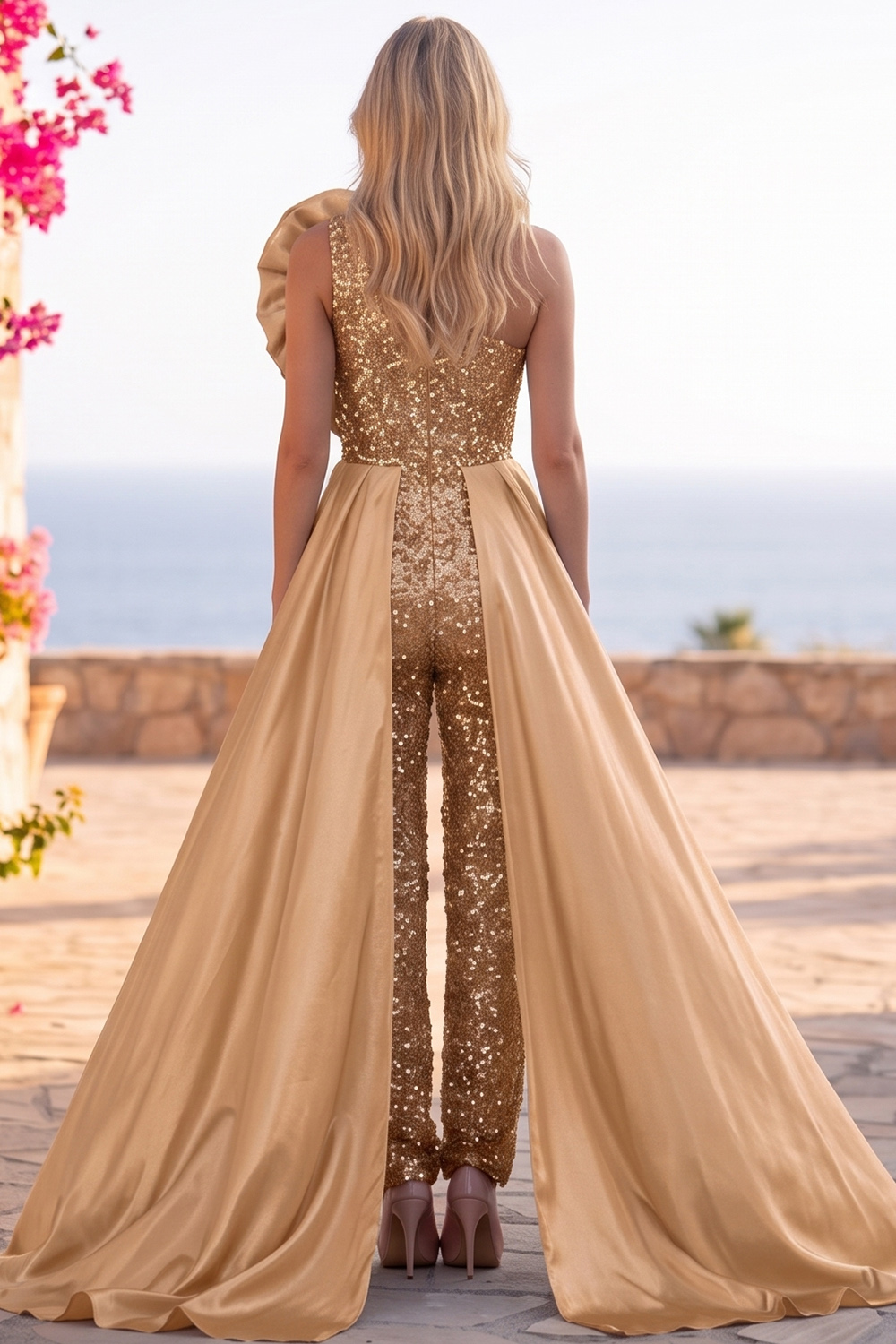 Blue Sparkly Sequins One Shoulder Long Homecoming Jumpsuits with Ruffles