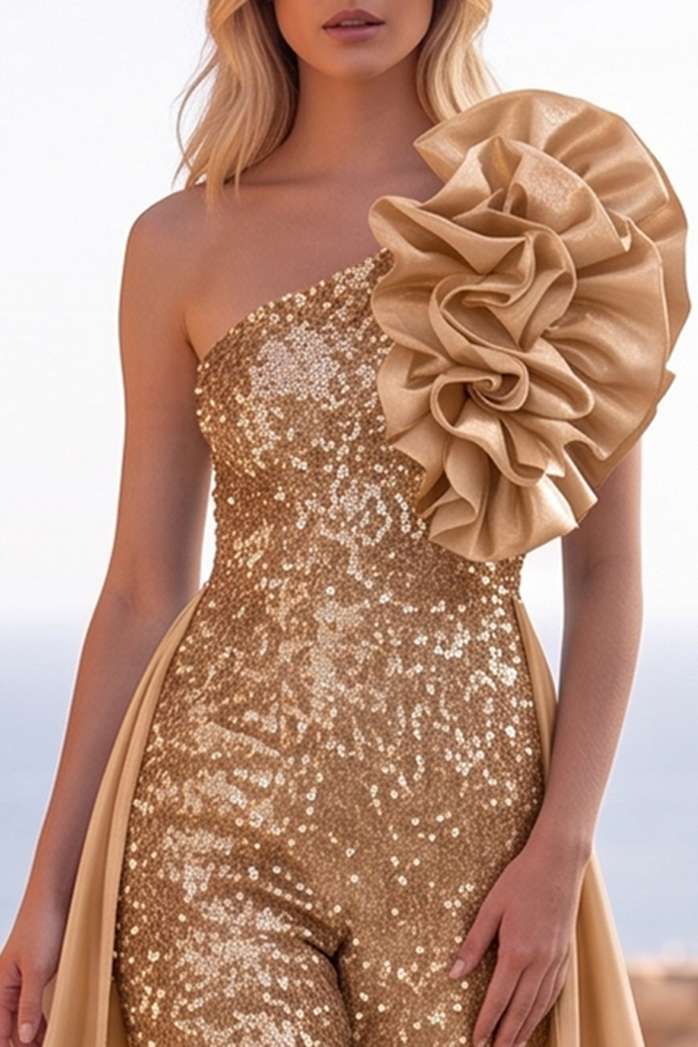 Blue Sparkly Sequins One Shoulder Long Homecoming Jumpsuits with Ruffles
