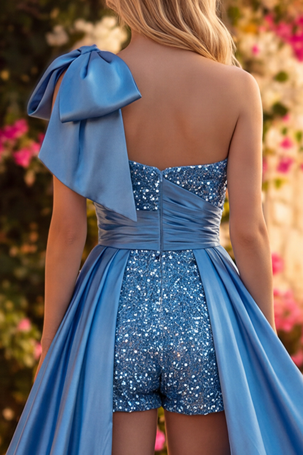 Sparkly Blue Sequin One Shoulder Short Homecoming Dress with Cape