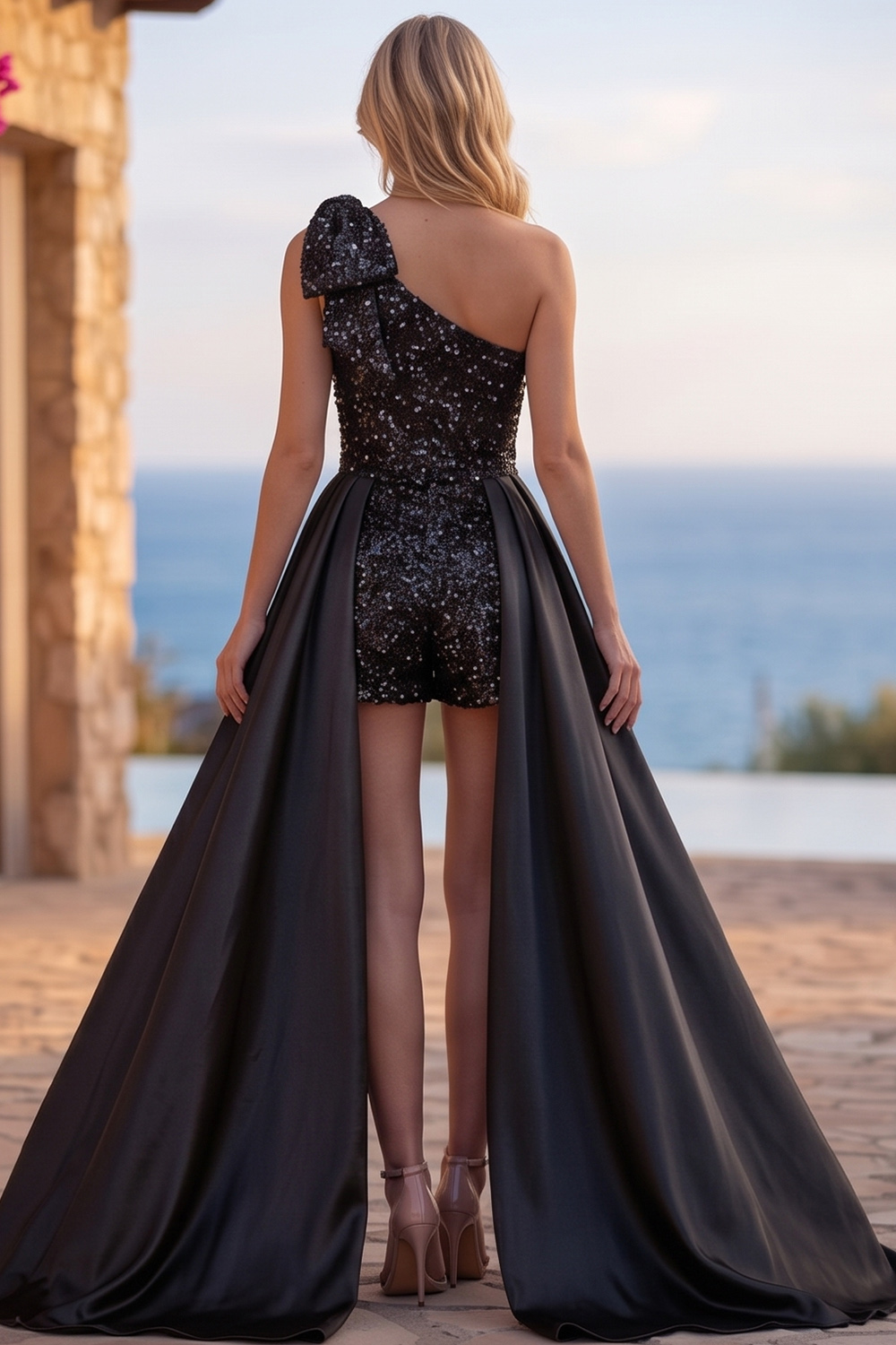 Sparkly Blue Sequin Short Homecoming Jumpsuits with Cape