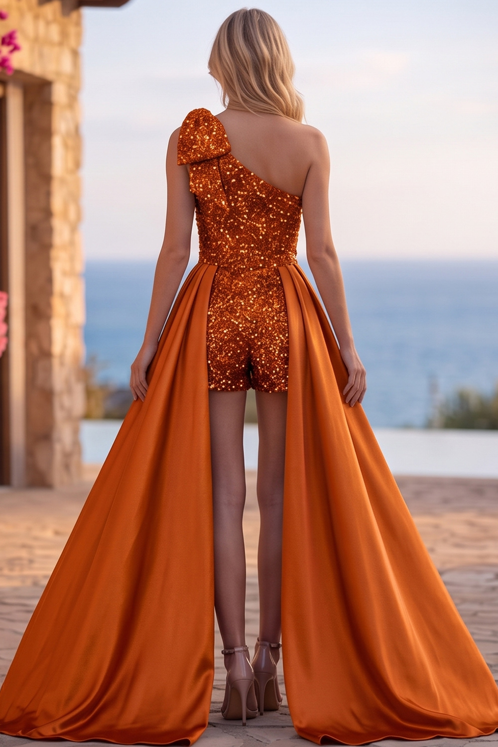 Sparkly Blue Sequin Short Homecoming Jumpsuits with Cape