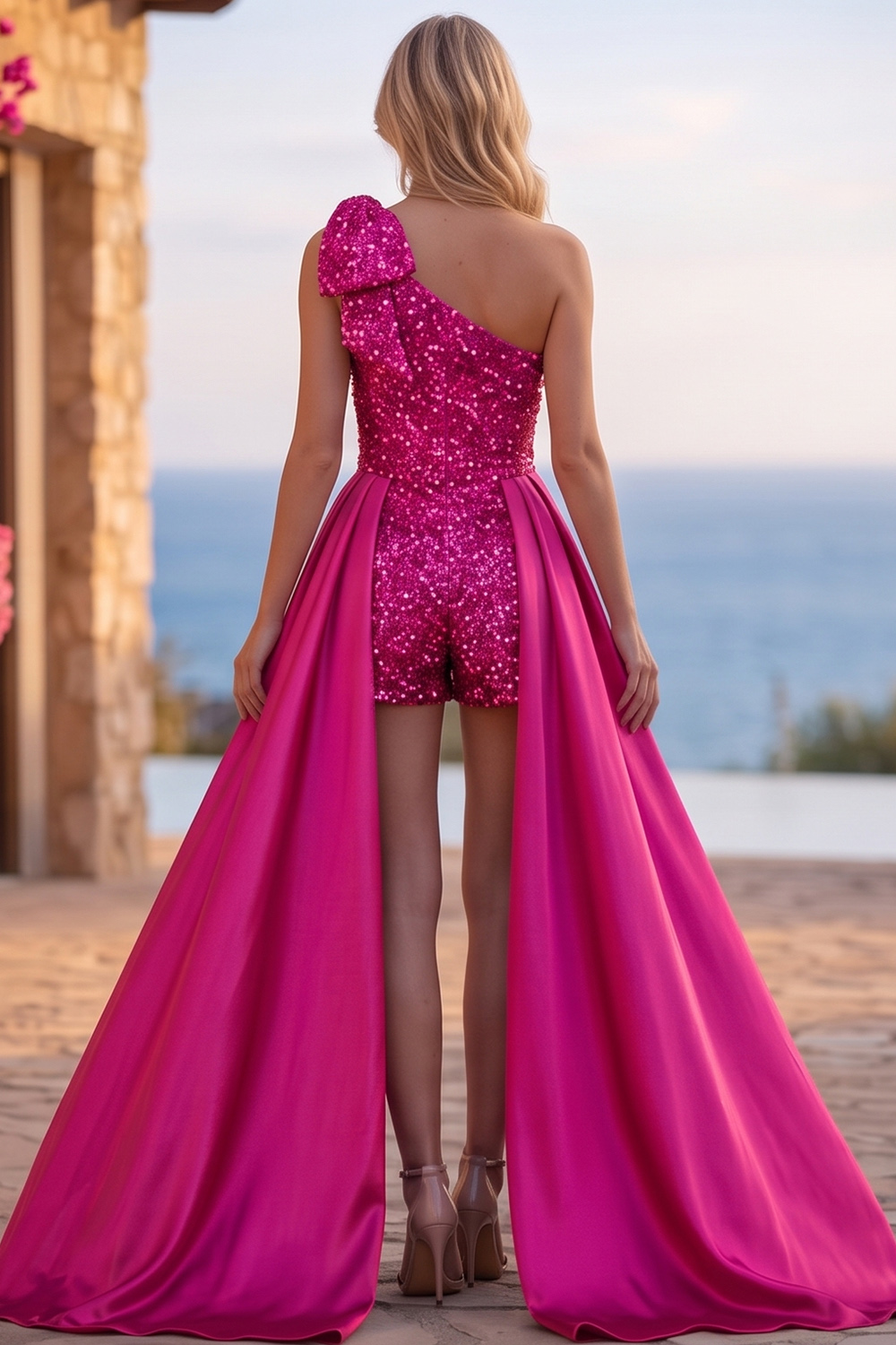Sparkly Blue Sequin Short Homecoming Jumpsuits with Cape