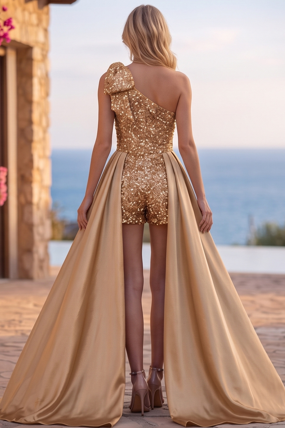 Sparkly Blue Sequin Short Homecoming Jumpsuits with Cape