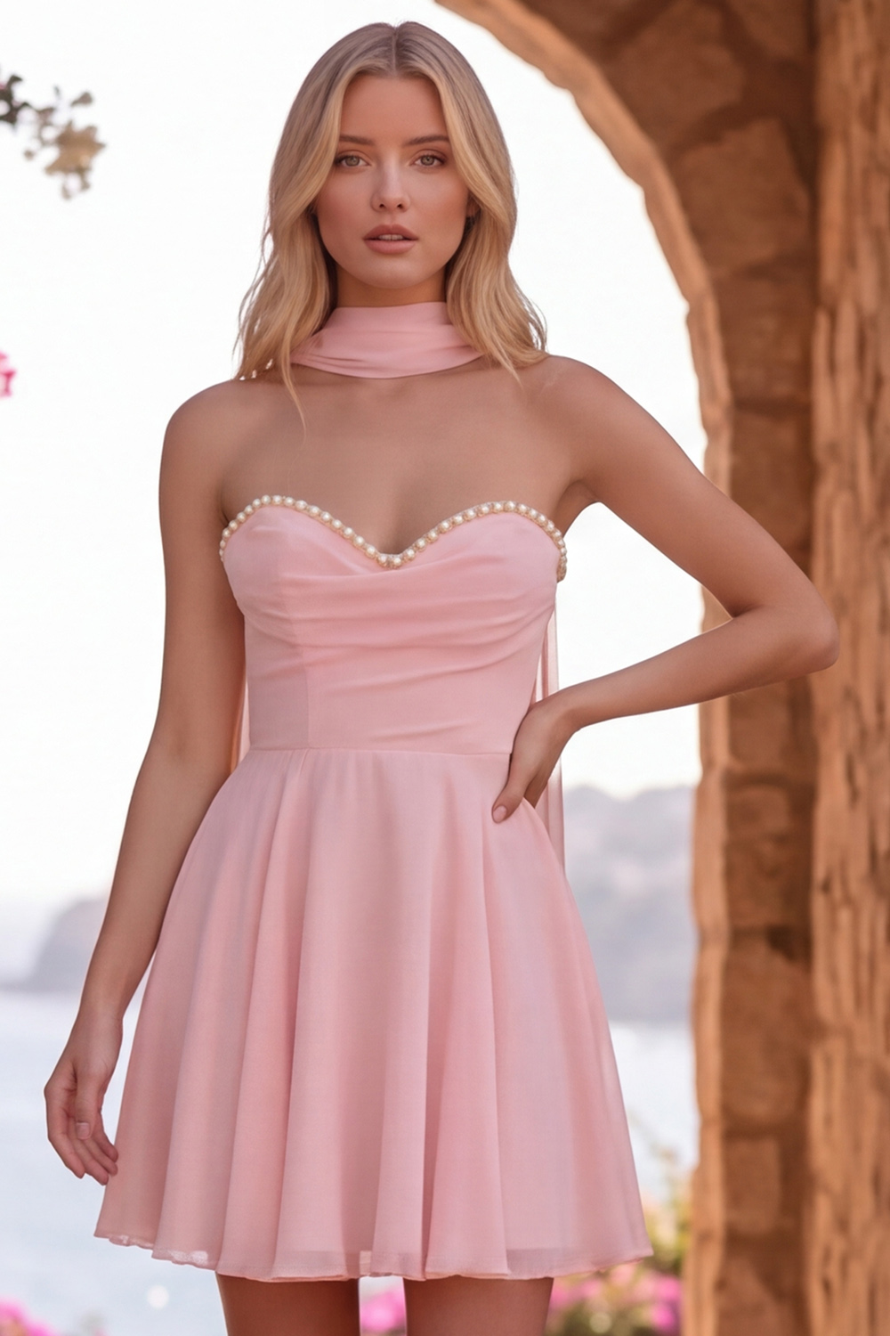 Daffodil A-Line Sweetheart Ruched Short Homecoming Dress with Pearls