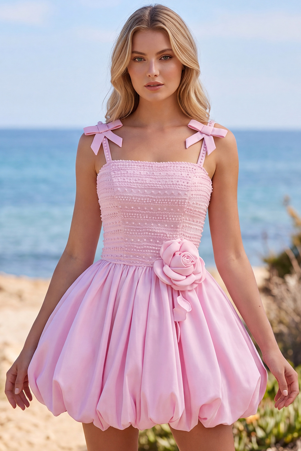 Pink A-Line Square Neck Short Homecoming Dress with Bow