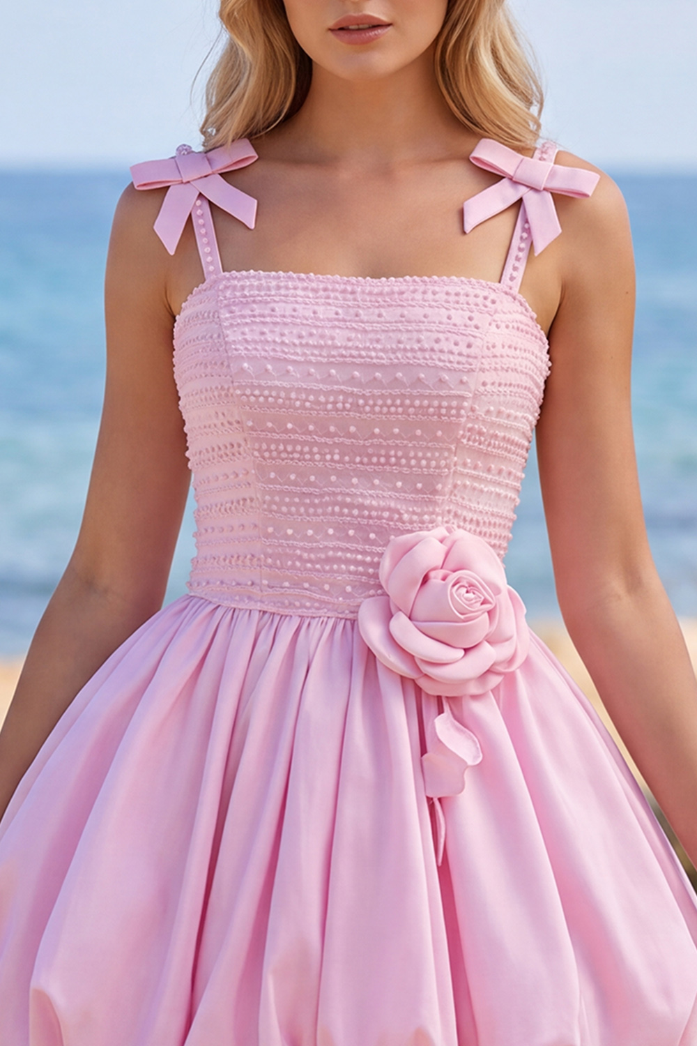 Pink A-Line Square Neck Short Homecoming Dress with Bow
