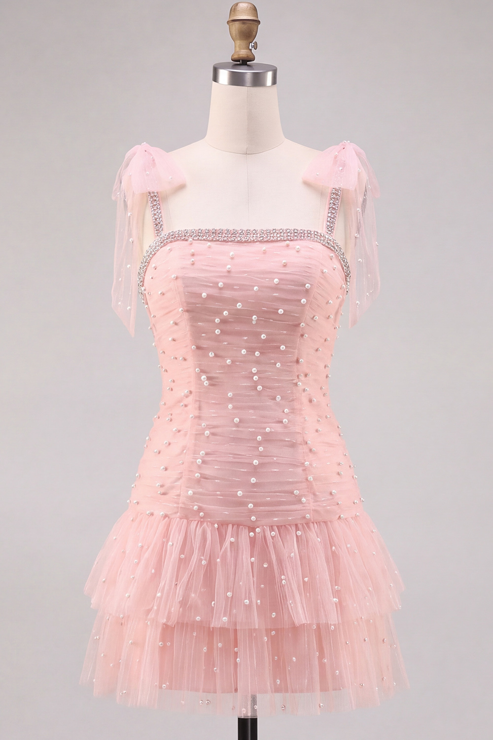Pink Ruched Square Neck Tiered Short Homecoming Dress with Pearls
