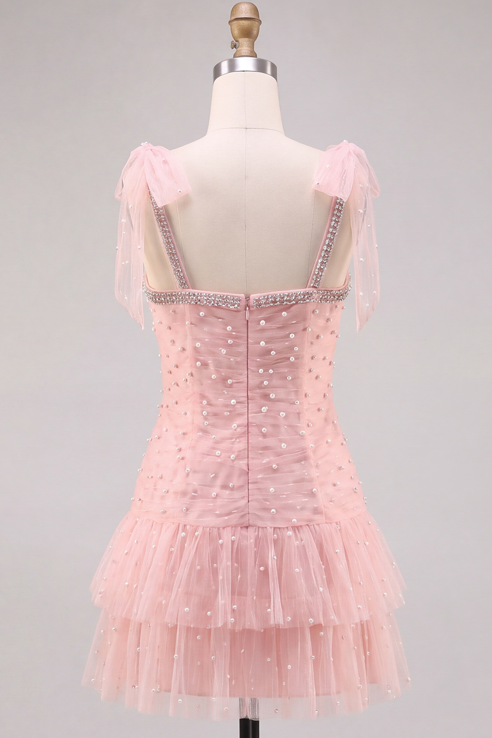 Pink Ruched Square Neck Tiered Short Homecoming Dress with Pearls