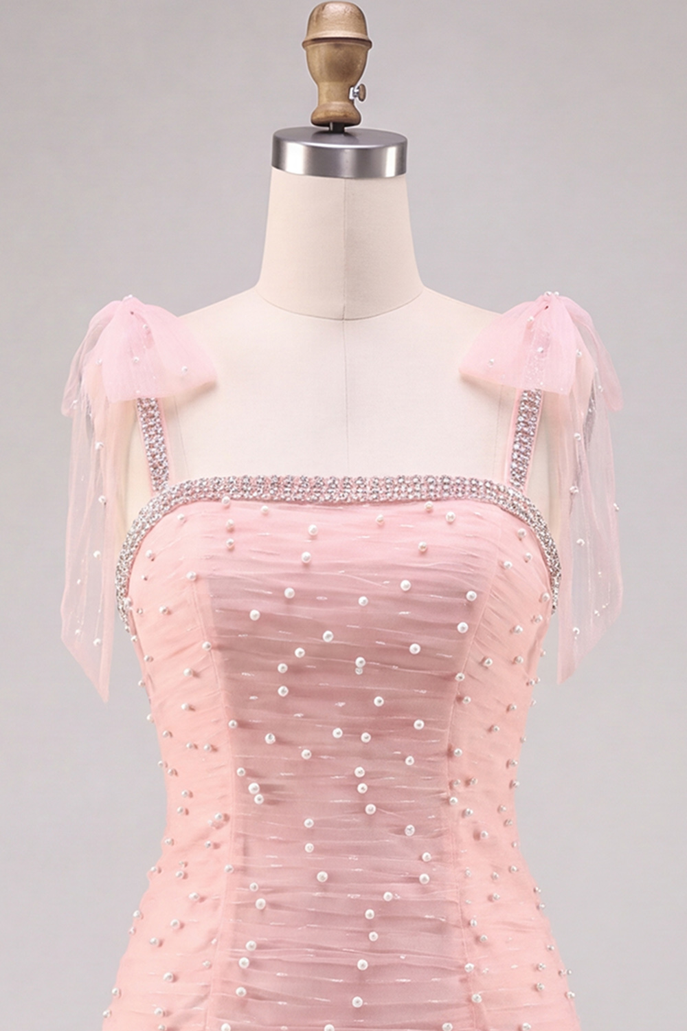Pink Ruched Square Neck Tiered Short Homecoming Dress with Pearls