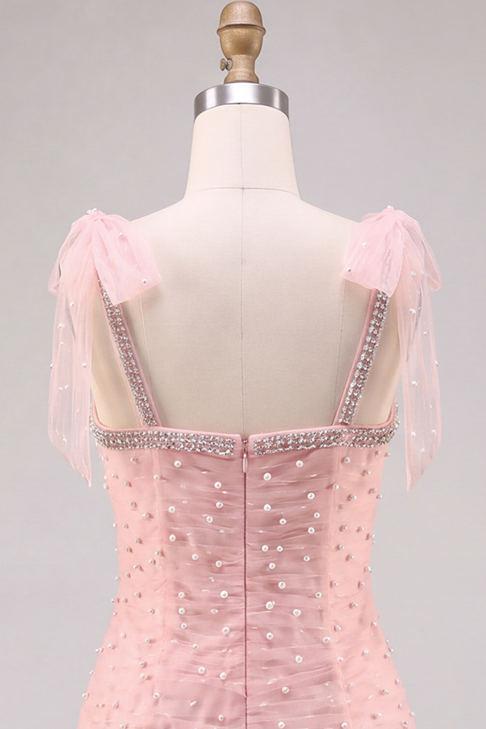 Pink Ruched Square Neck Tiered Short Homecoming Dress with Pearls