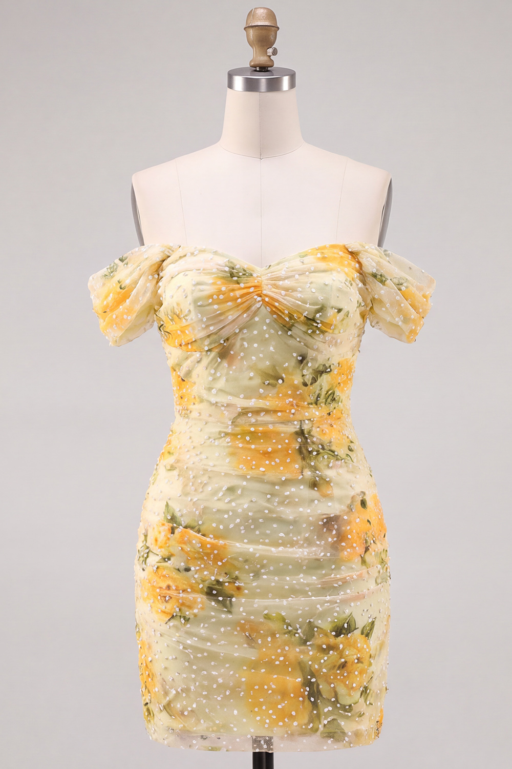 Daffodil Floral Bodycon Off the Shoulder Ruched Short Homecoming Dress