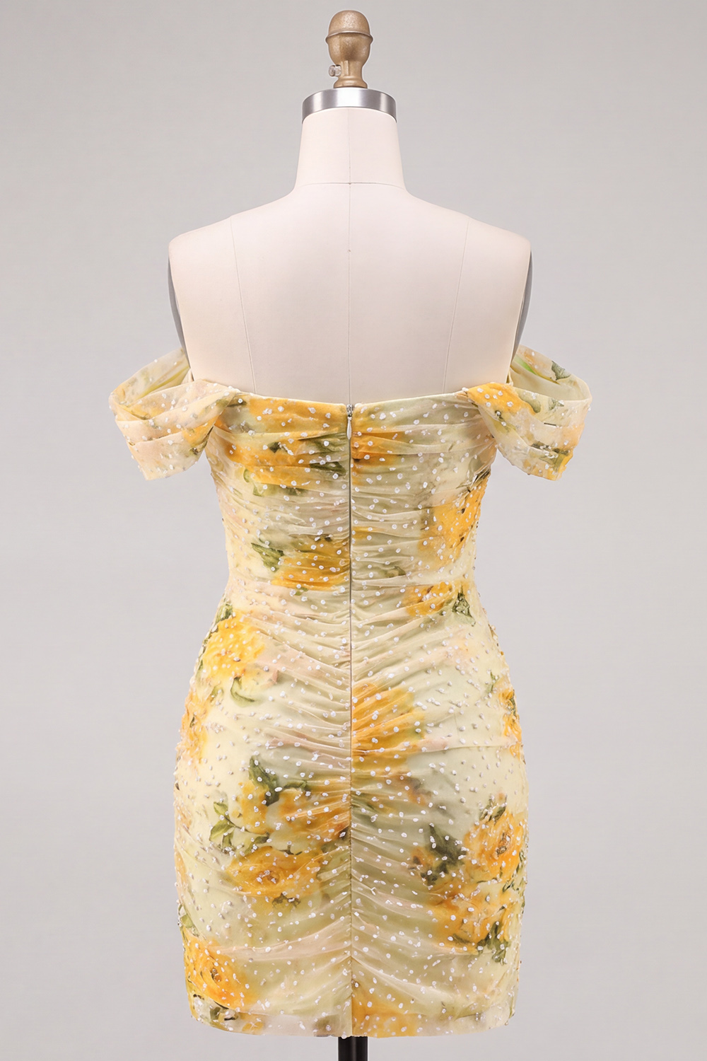 Daffodil Floral Bodycon Off the Shoulder Ruched Short Homecoming Dress