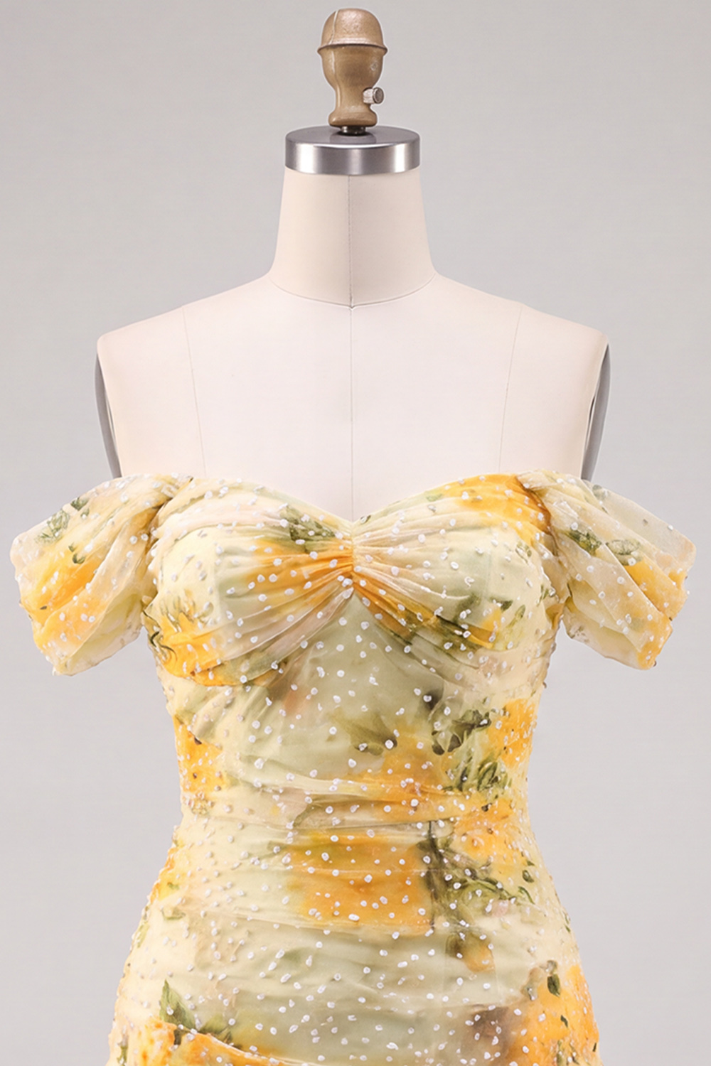 Daffodil Floral Bodycon Off the Shoulder Ruched Short Homecoming Dress