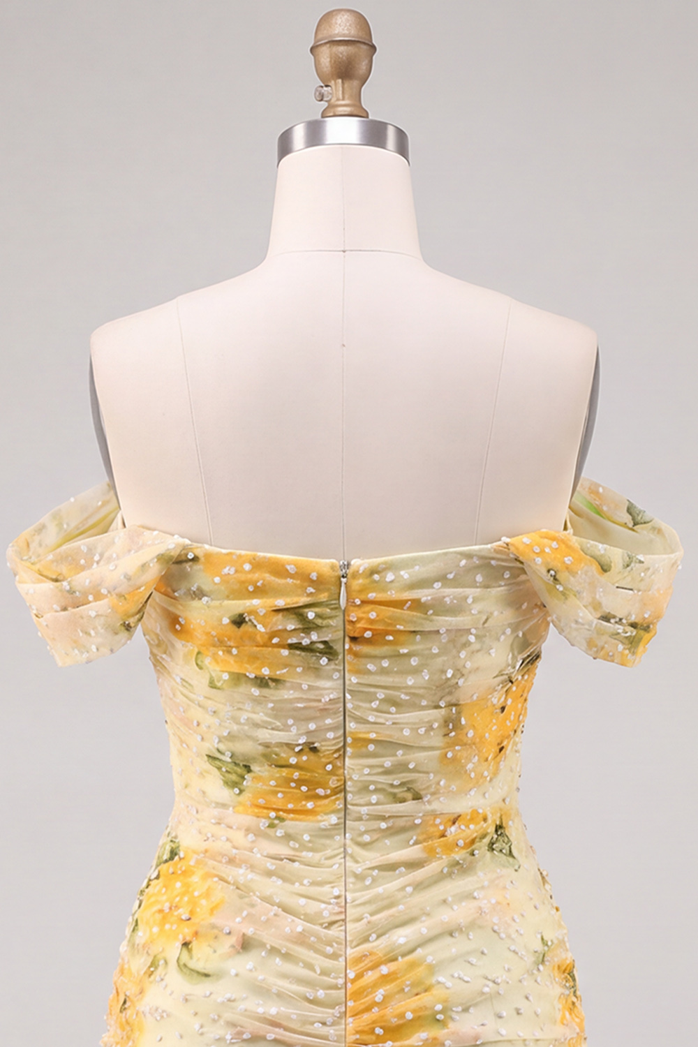 Daffodil Floral Bodycon Off the Shoulder Ruched Short Homecoming Dress