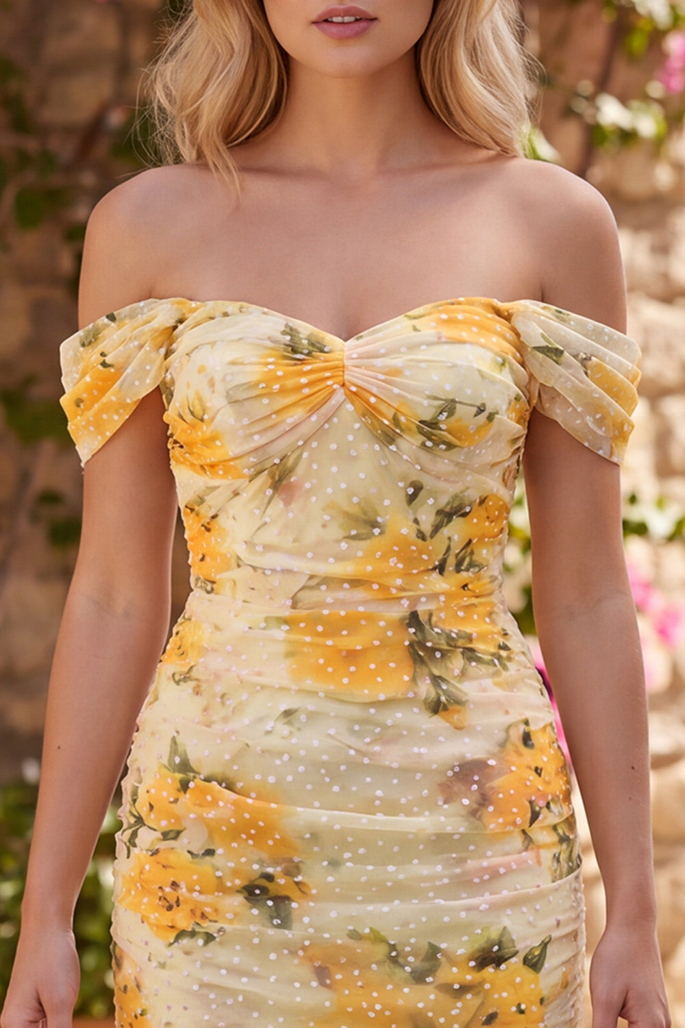 Daffodil Floral Bodycon Off the Shoulder Ruched Short Homecoming Dress