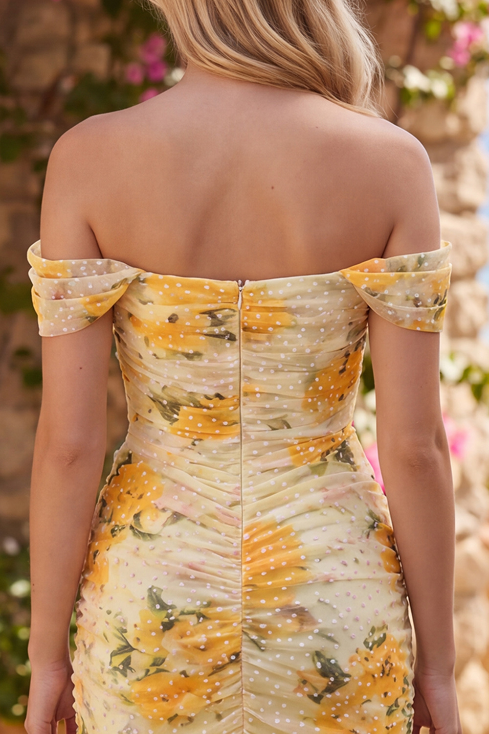 Daffodil Floral Bodycon Off the Shoulder Ruched Short Homecoming Dress