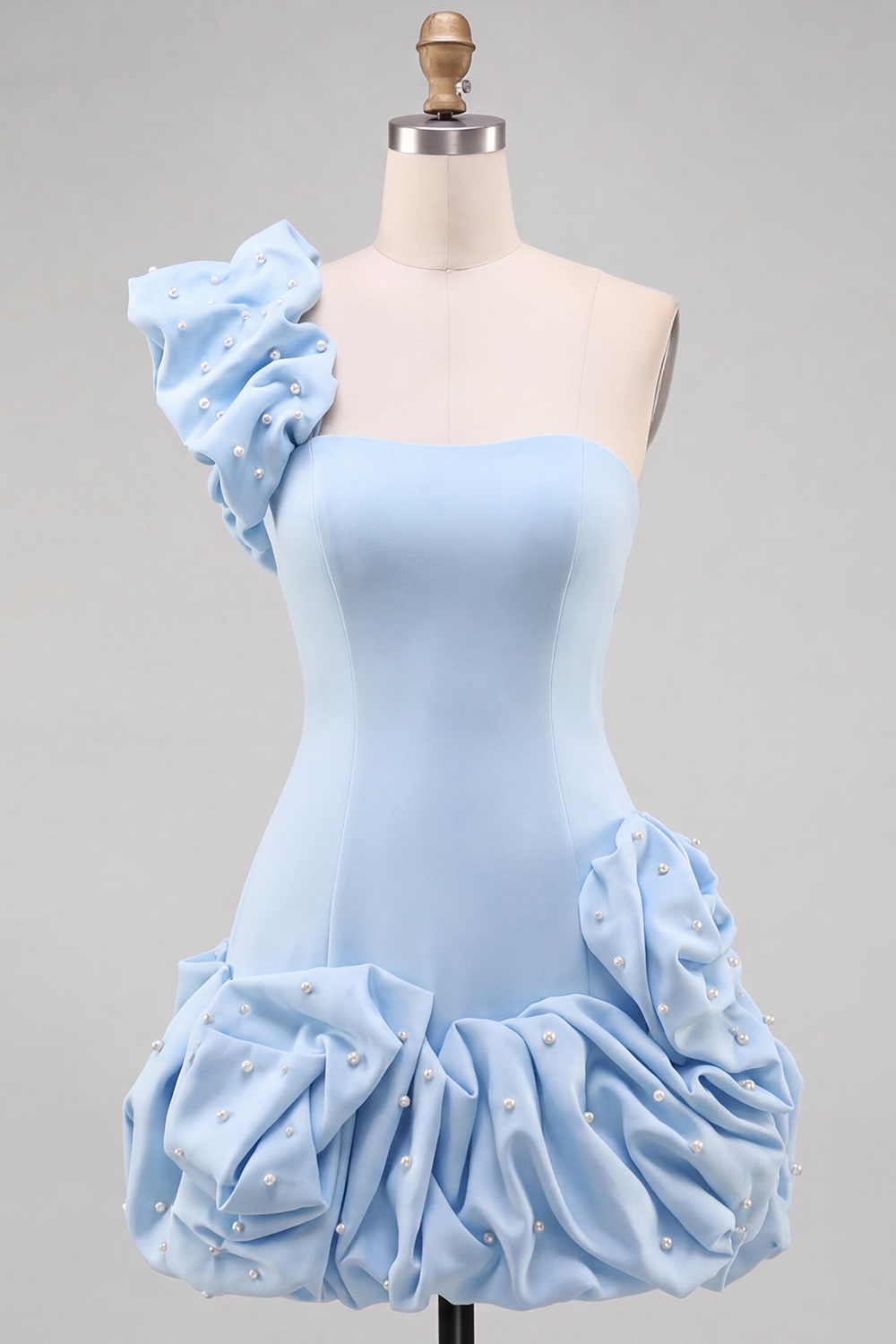 Light Blue Tight Ruched Short Homecoming Dress with Pearls