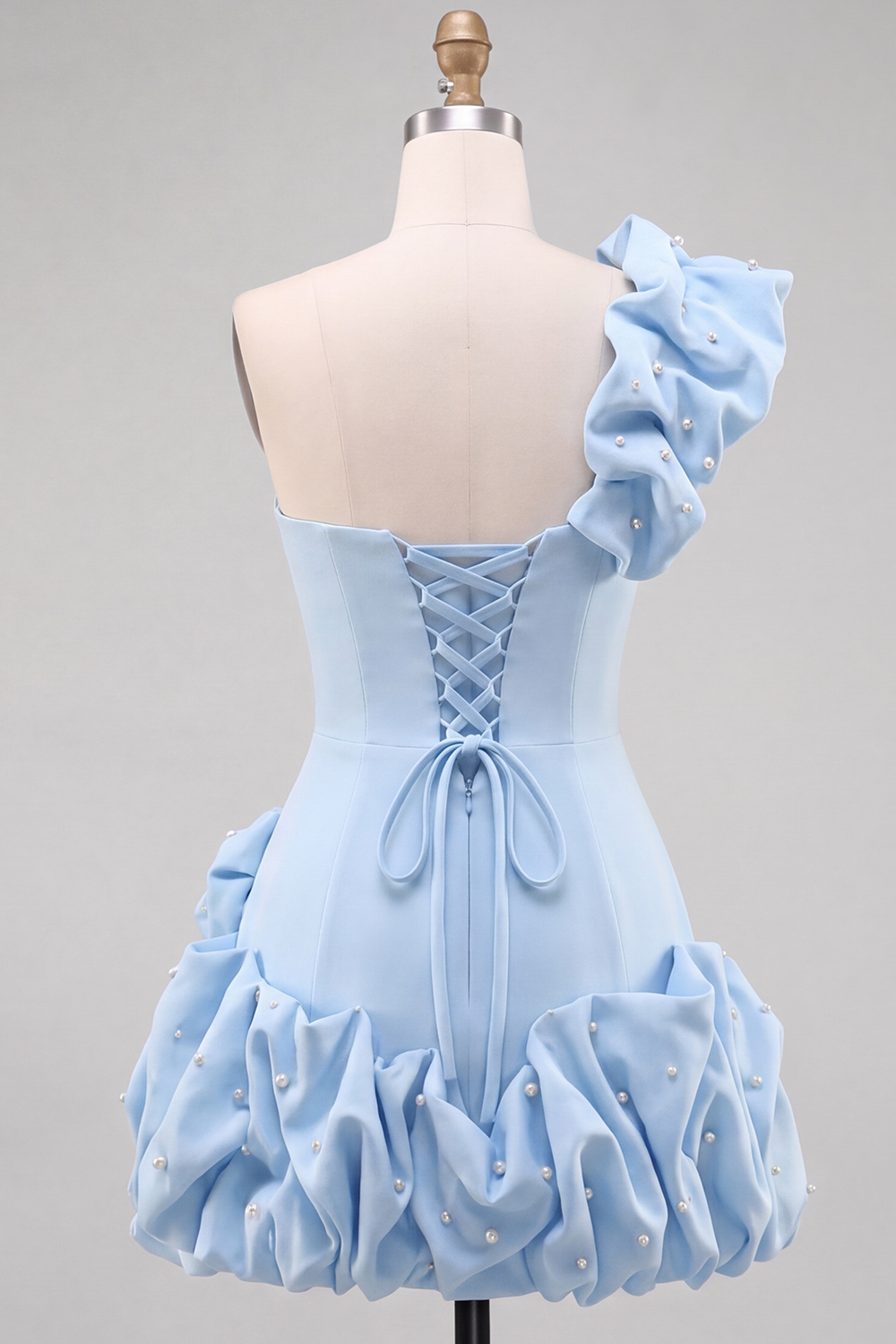 Light Blue Tight Ruched Short Homecoming Dress with Pearls