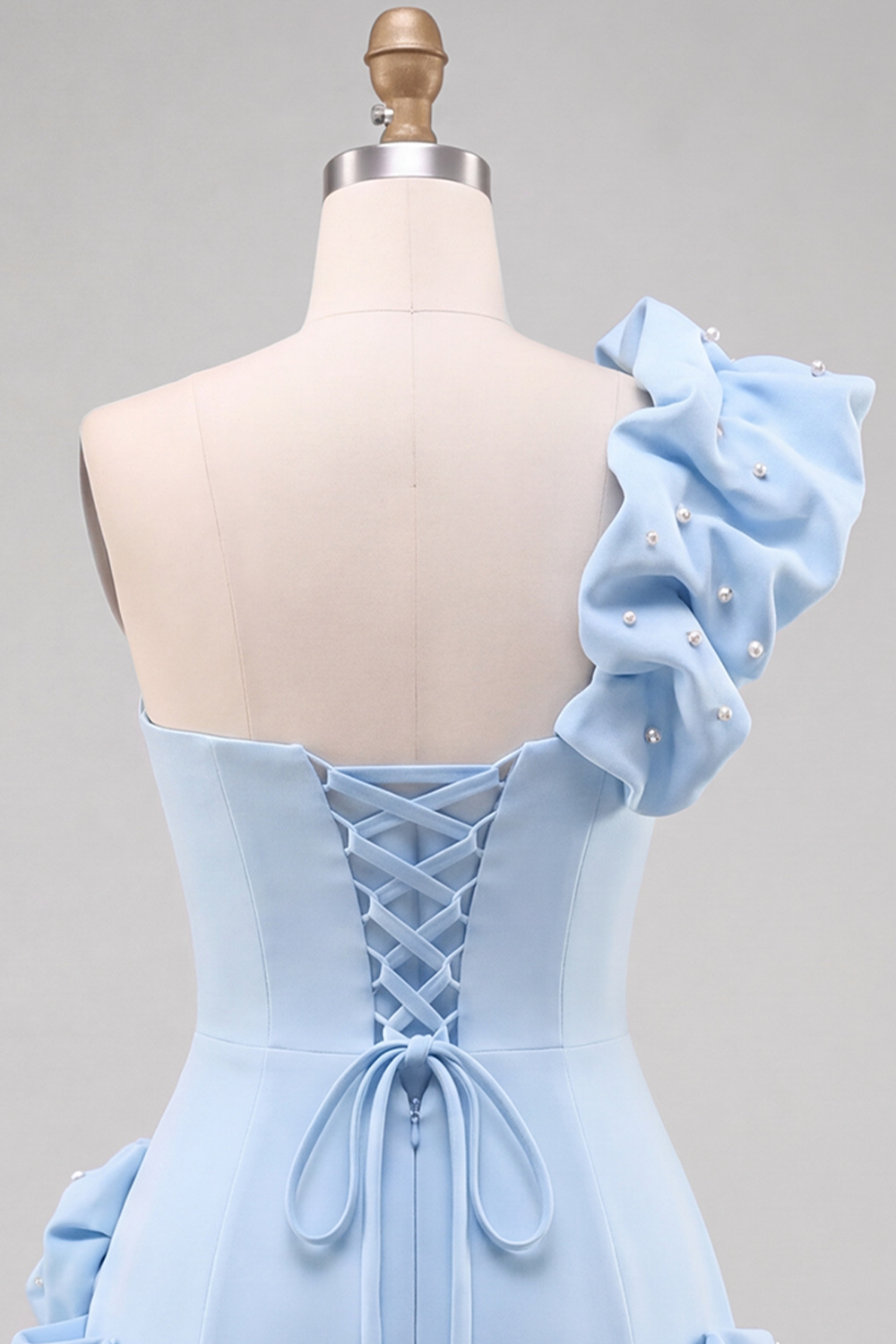 Light Blue Tight Ruched Short Homecoming Dress with Pearls