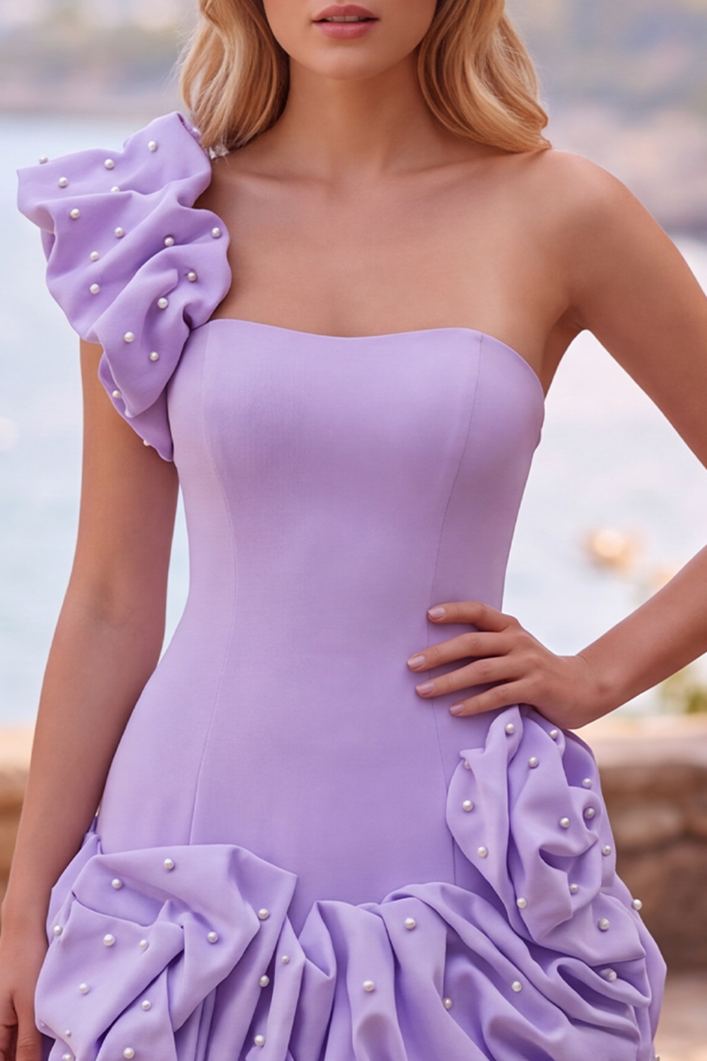 Light Blue Tight Ruched Short Homecoming Dress with Pearls