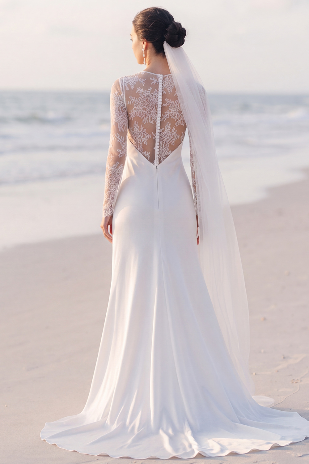 White Sheath Long Sleeves Sweep Train Wedding Dress with Lace