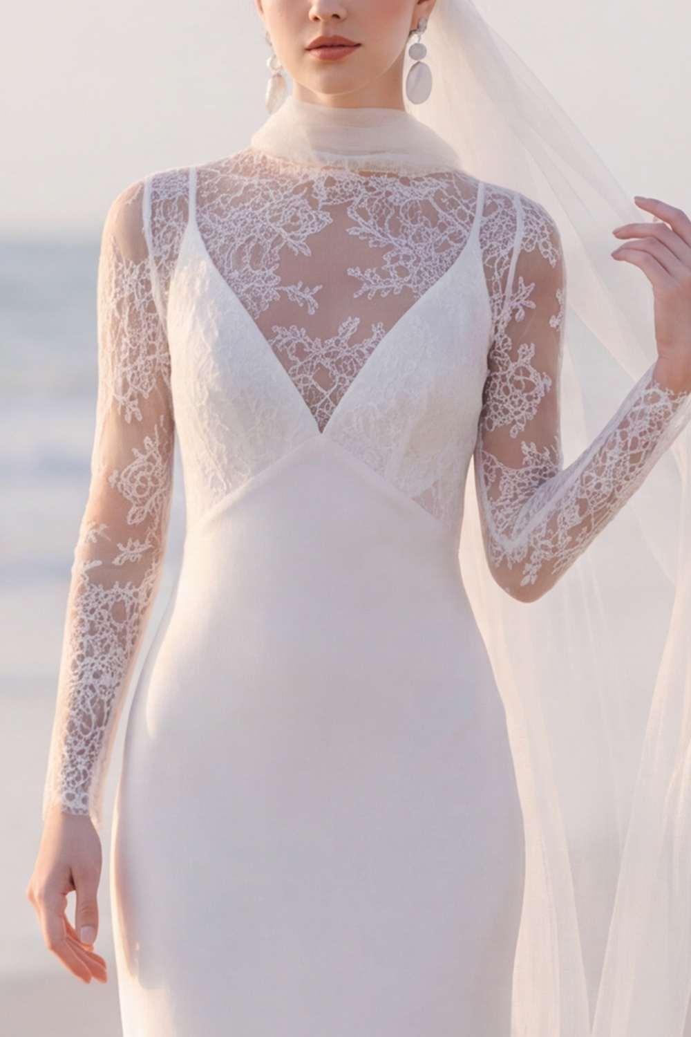White Sheath Long Sleeves Sweep Train Wedding Dress with Lace